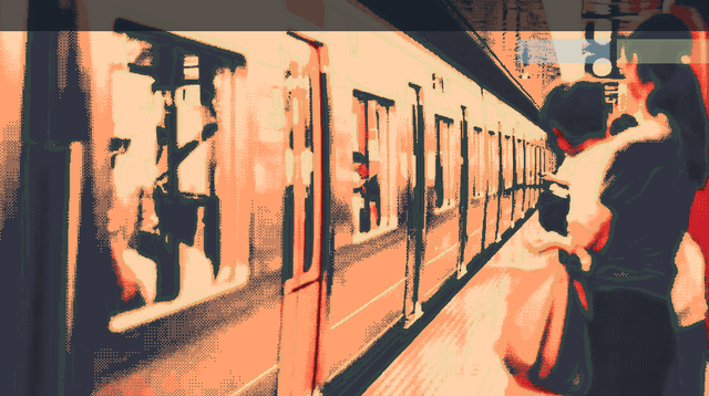 Stylized graphic of a train at a station platform in orange and navy tones.